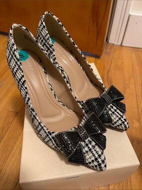 BCBG Women’s Black & White Tweed Pointed-Toe Heels with Bow